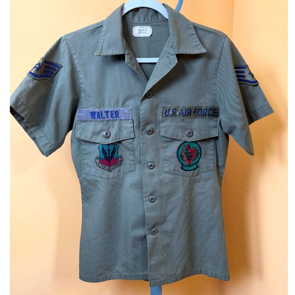 Vtg 70s 80s USAF OG-507 Utility Shirt Tactical Air Command Patches Short Sleeve